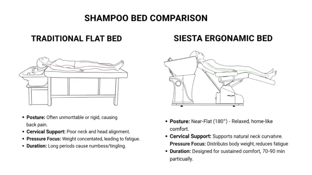 Comparison between ergonomic cervical support and incorrect neck positioning for Head Spa safety.