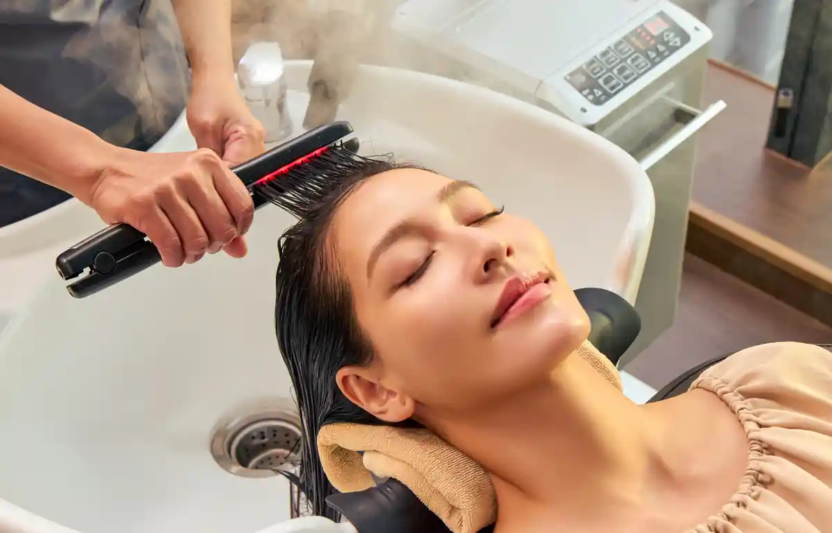Therapist applying ultrasonic infrared wave technology to the hair during the Oway Scalp Solution program.