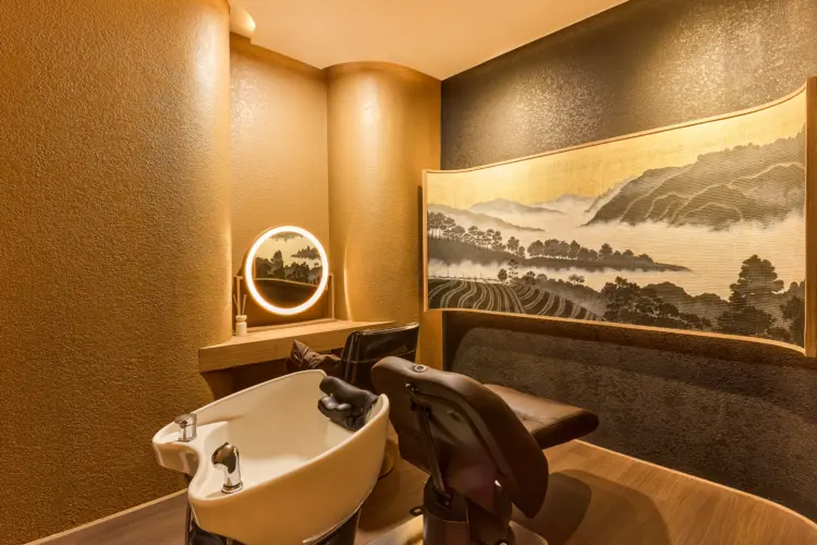 Private scalp spa treatment room at Siesta EMSPHERE with a shampoo basin and in-room hair styling area