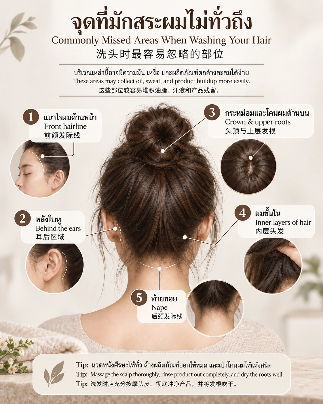 Commonly missed areas when washing hair: the front hairline, behind the ears, crown, inner hair layers, and nape.